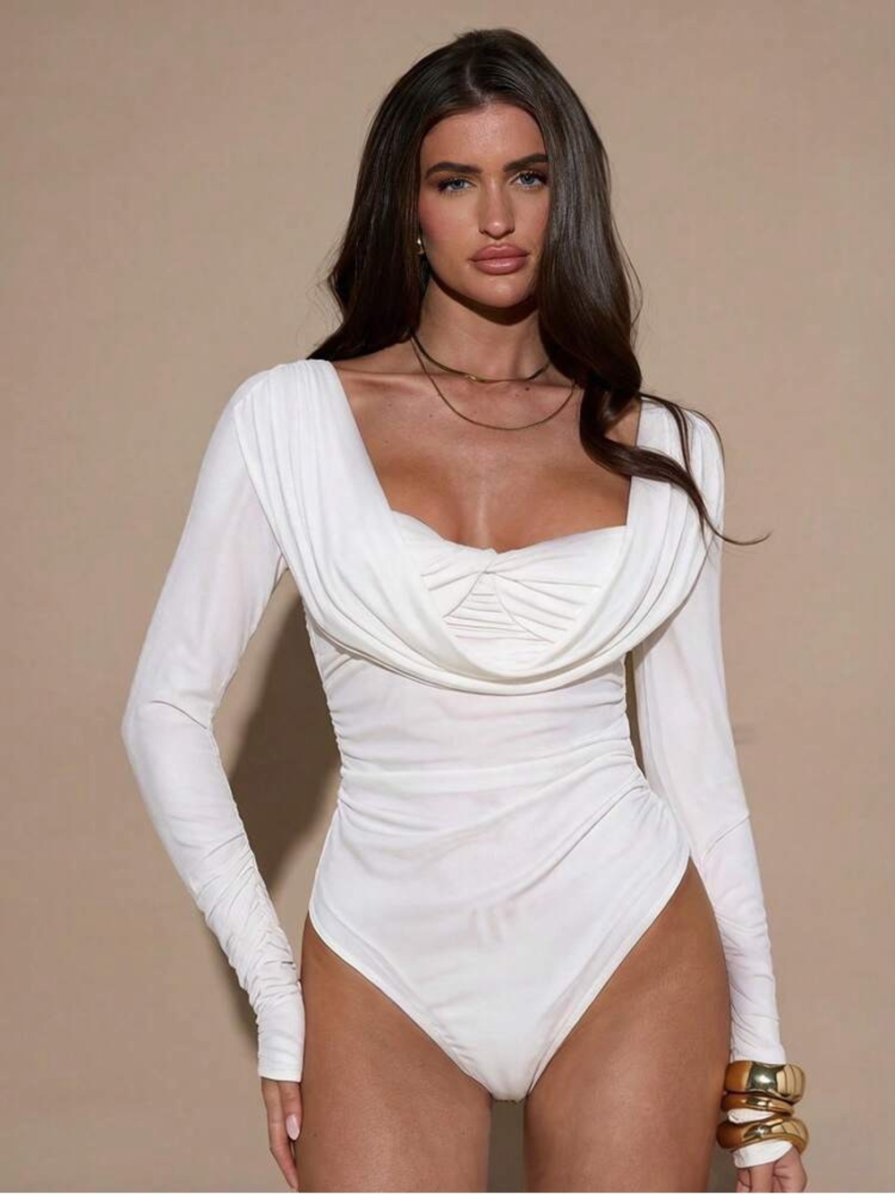 ⚪️Astr White Draped Bust Long-Sleeve Bodysuit - Picture 10 of 13